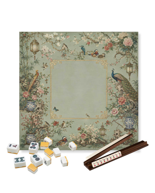 Square mahjong table mat, sage green center with floral and bird border design