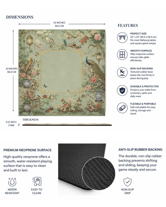 Square 23x23 in mahjong table mat with sage green floral and bird pattern