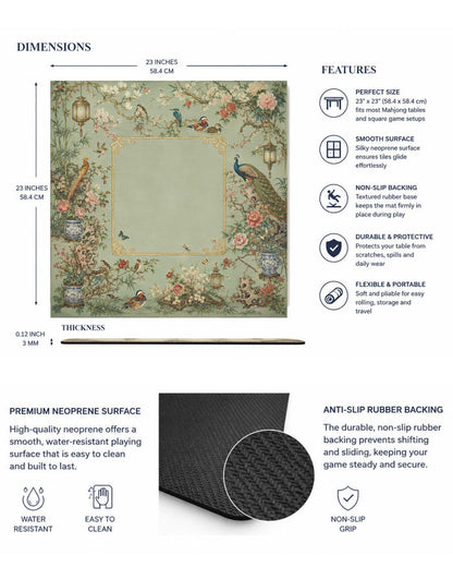Square 23x23 in mahjong table mat with sage green floral and bird pattern