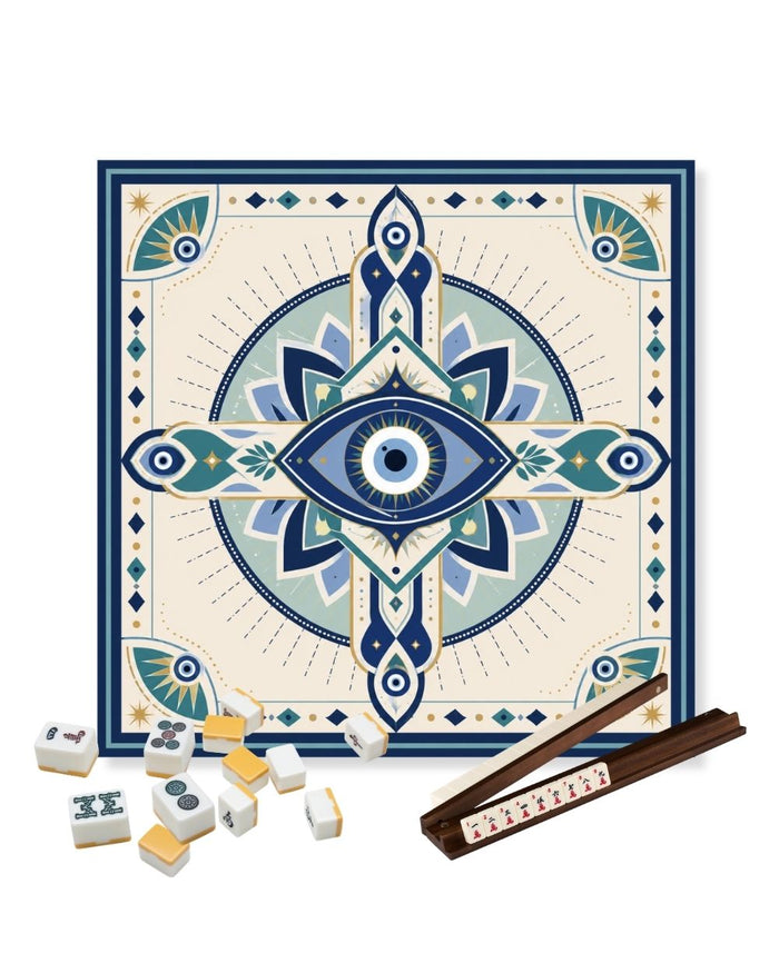 Square evil eye mahjong table mat with blue ornamental center and decorative border, 23 in
