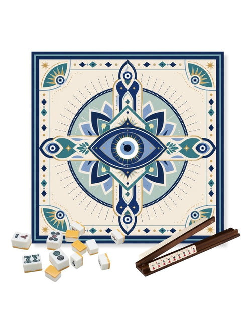 Square evil eye mahjong table mat with blue ornamental center and decorative border, 23 in
