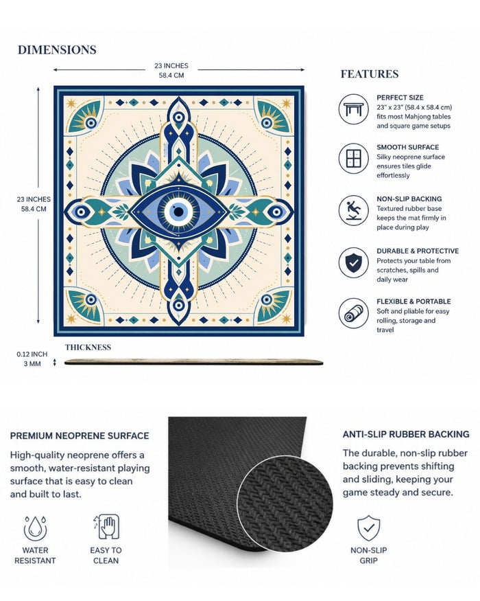 Square mahjong table mat diagram with anti-slip rubber backing and evil eye design