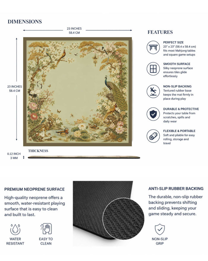 Square table mat with peacock and floral artwork, beige center and olive border
