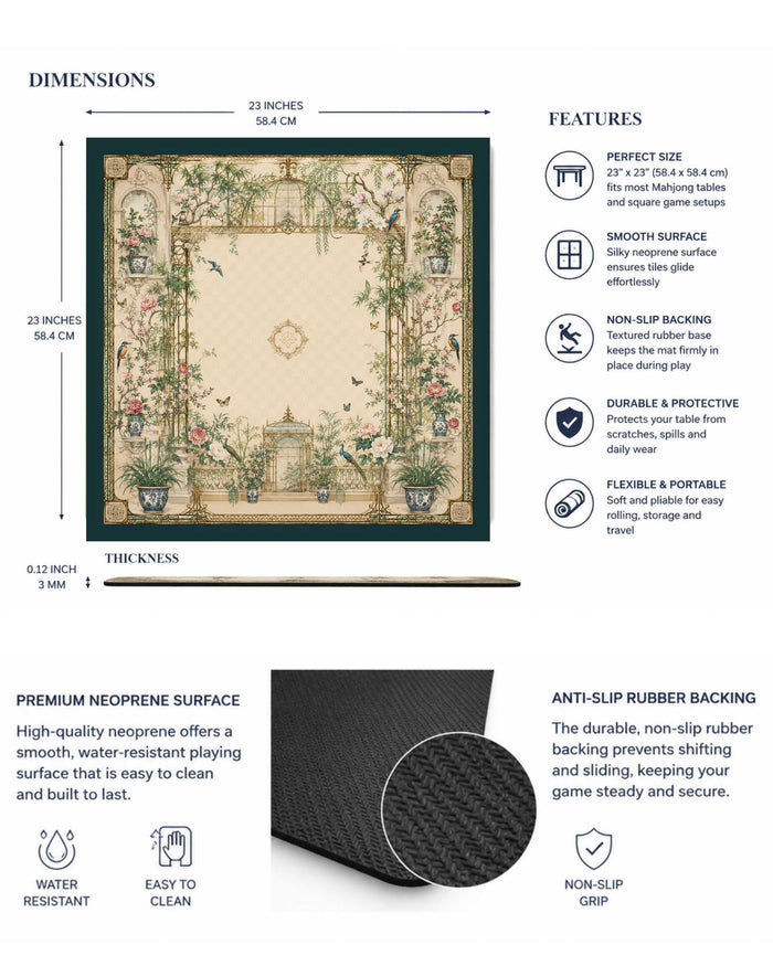 Square mahjong table mat with vintage floral garden print and dark border, anti-slip backing