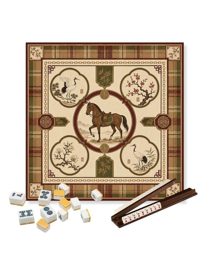 Square mahjong table mat with decorative horse and floral panels, 23 x 23 in