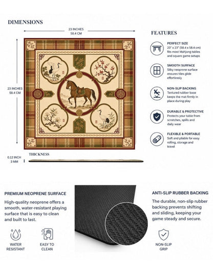 Square neoprene mahjong table mat, 23 in, with non-slip rubber backing and diagram
