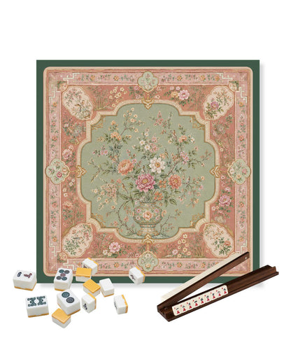 Square mahjong table mat with pink and teal floral botanical pattern and decorative border.