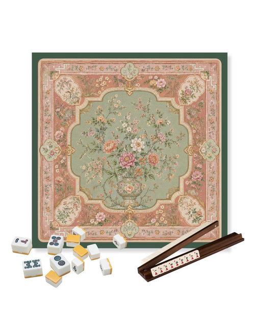 Square mahjong table mat with pink and teal floral botanical pattern and decorative border.