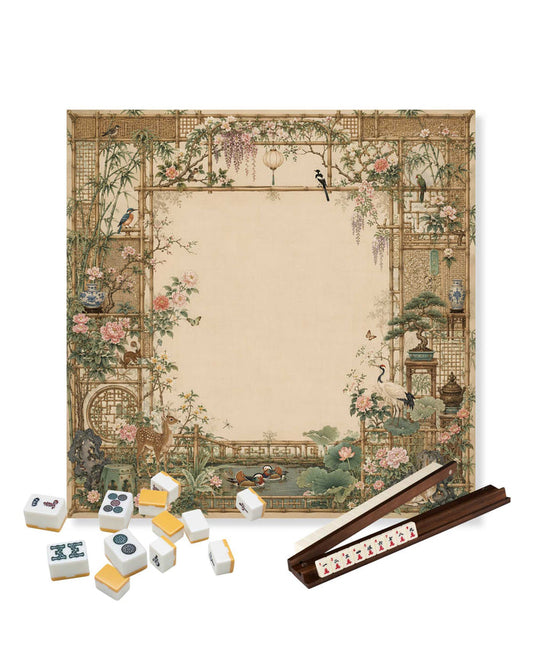 Square mahjong table mat, beige floral courtyard artwork with non-slip rubber backing