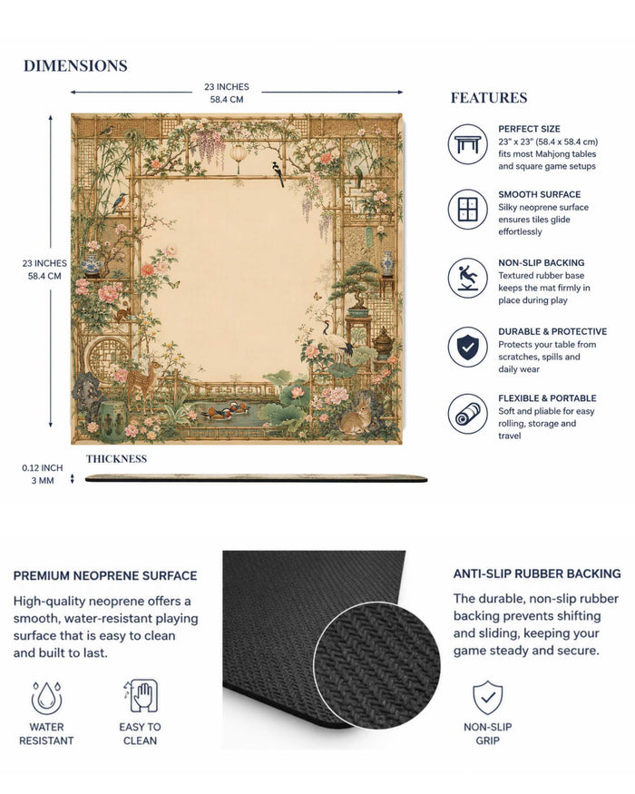 Square mahjong table mat with beige floral garden print and dark textured anti-slip backing