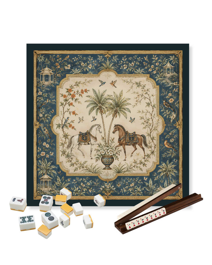 Square mahjong table mat with blue floral border and central horses in garden illustration