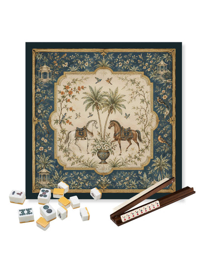 Square mahjong table mat with blue floral border and central horses in garden illustration