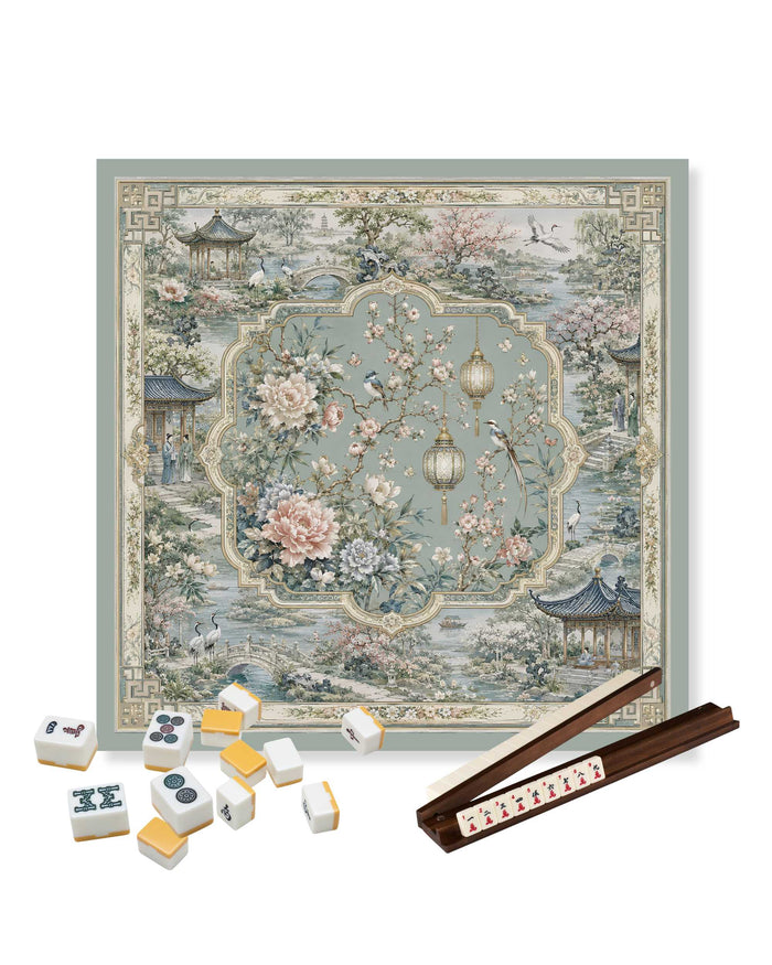 Square mahjong table mat with decorative oriental lantern and floral pattern