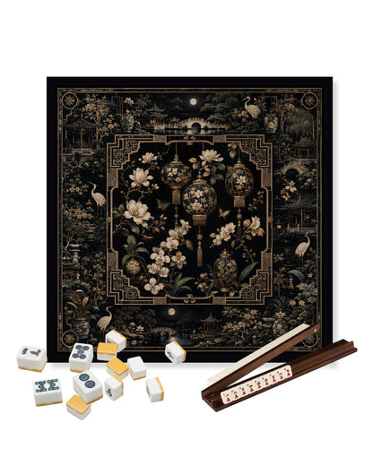 Mahjong table mat with ornate floral lantern artwork; dark non-slip surface