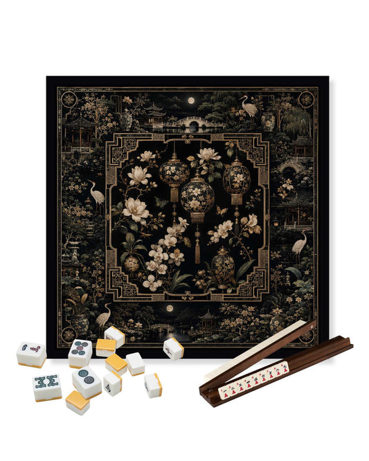 Mahjong table mat with ornate floral lantern artwork; dark non-slip surface