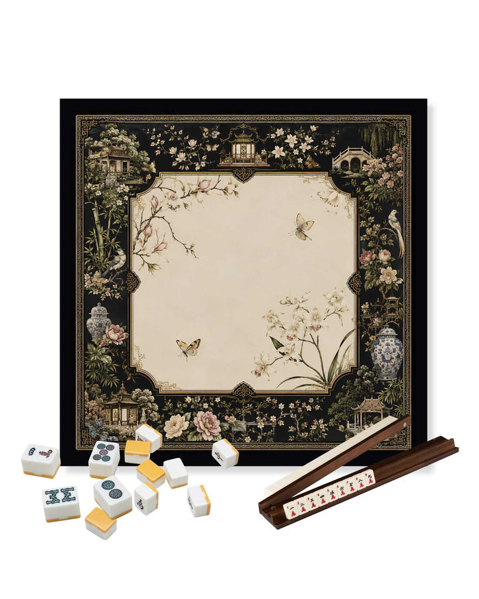 Square decorative table mat with floral garden border, cream center, dark frame