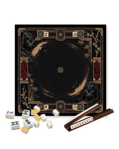 Square black mahjong table mat with gold ornate border and lion-themed corner details