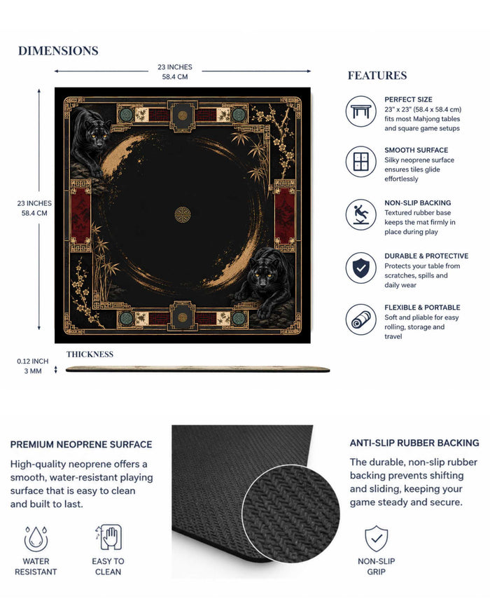 Square black mahjong table mat with gold ornate border and lion corner accents