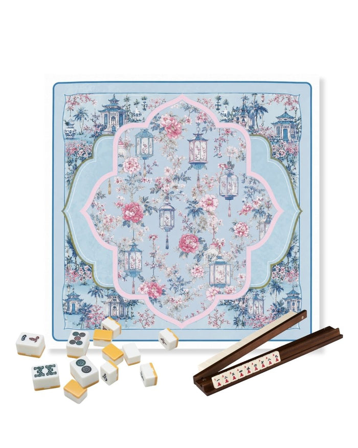 Square mahjong table mat with blue, pink lantern and floral medallion pattern