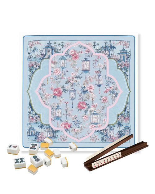 Square mahjong table mat with blue, pink lantern and floral medallion pattern