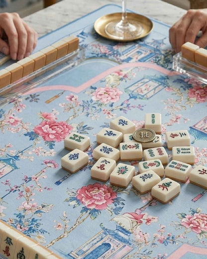 Square mat with light blue base, pink floral motifs, and printed decorative frame