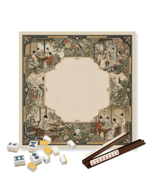 Square mahjong table mat with beige play area and colorful decorative border