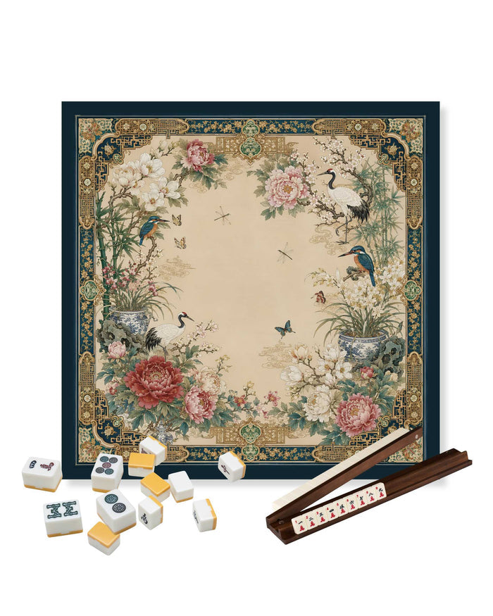 Square mahjong table mat with peony flowers, birds, and butterfly in vintage frame