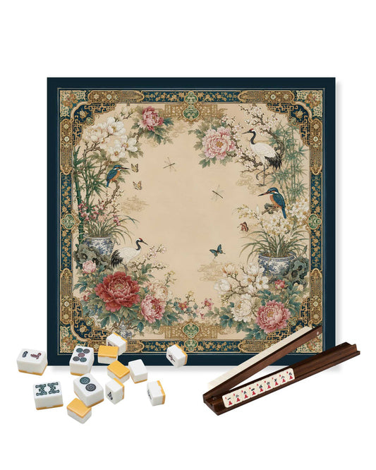 Square mahjong table mat with peony flowers, birds, and butterfly in vintage frame