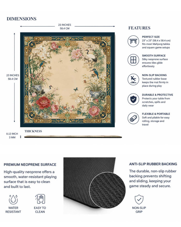 Square mahjong table mat with peony floral birds design and dark ornate border