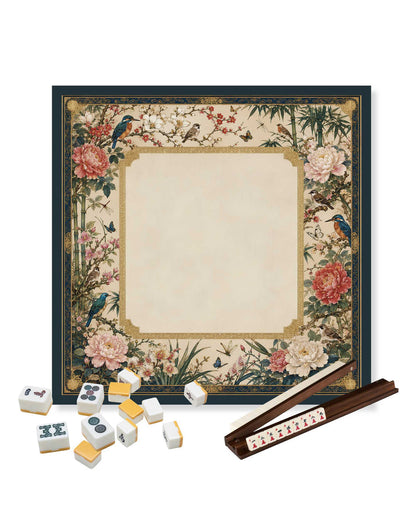 Floral peony mahjong table mat with square center cutout and dark non-slip backing