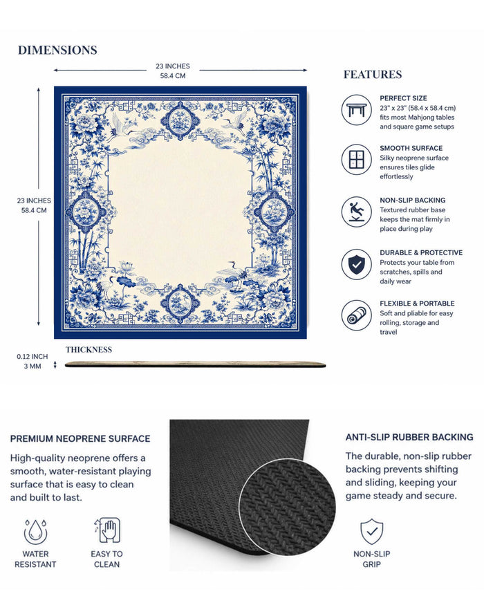 Square mahjong table mat with blue-and-white ornate border and non-slip rubber backing