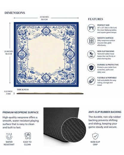 Square mahjong table mat with blue-and-white ornate border and non-slip rubber backing