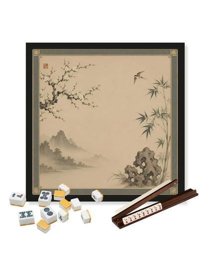 Square tabletop mat with anti-slip rubber backing, beige Asian landscape print