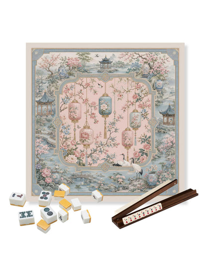 Square mahjong table mat with pastel lantern festival pattern and decorative border