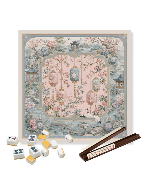 Square mahjong table mat with pastel lantern festival pattern and decorative border