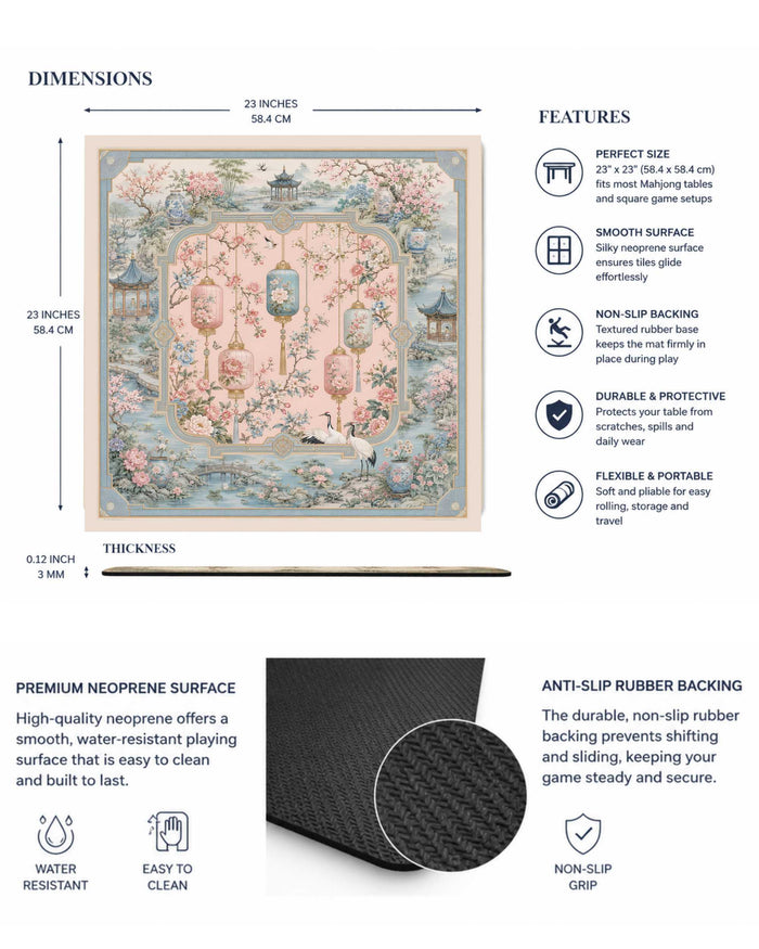 Square mahjong table mat with pastel lantern festival design and non-slip rubber backing