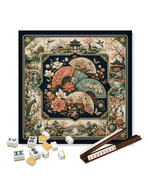 Square mahjong table mat with decorative floral fan artwork, dark navy frame