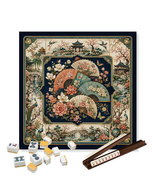 Square mahjong table mat with decorative floral fan artwork, dark navy frame