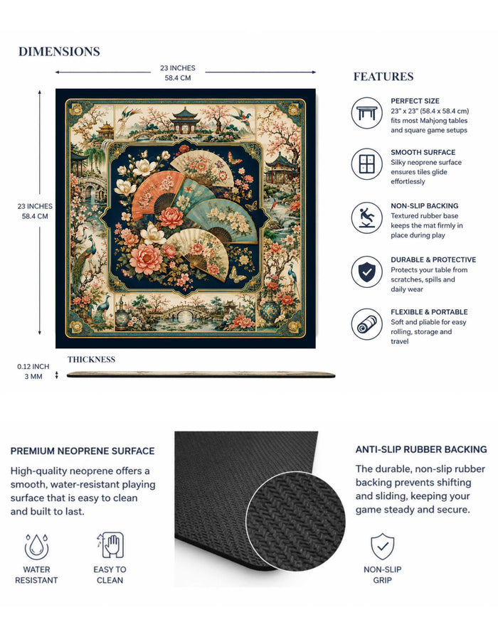 Square anti-slip mahjong table mat with ornate floral fan design and dark border