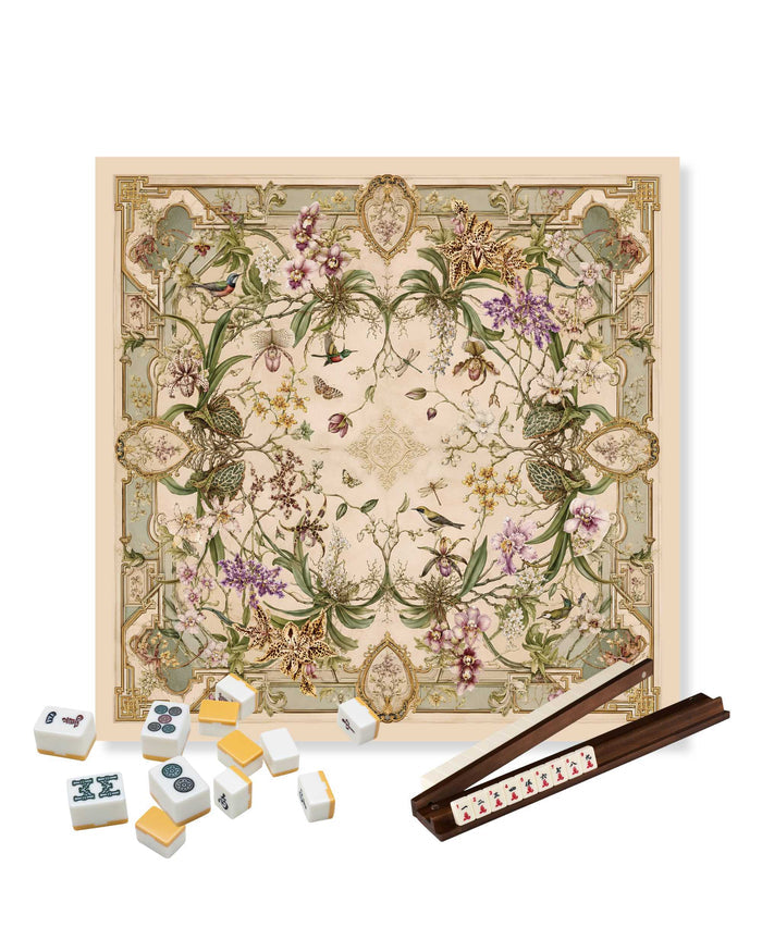 Square mahjong table mat with vintage wild orchid floral pattern and gold border