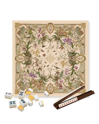 Square mahjong table mat with vintage wild orchid floral pattern and gold border