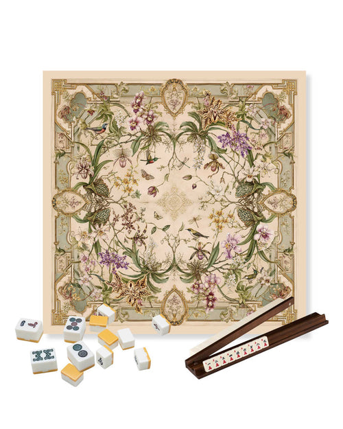 Square mahjong table mat with vintage wild orchid floral pattern and gold border