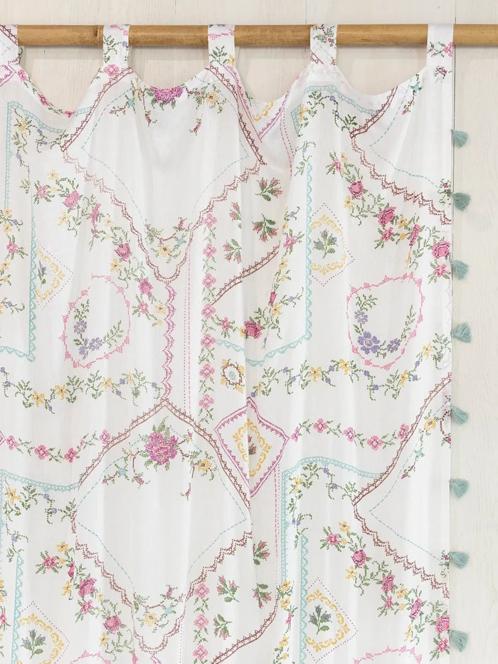 Printed Curtain Panel - Heirloom Cross Stitch Ivory-view 2