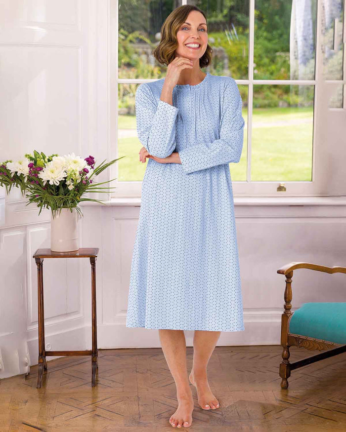 Quinn Floral Long Sleeve Cotton Nightdress - Blue - Country Collection