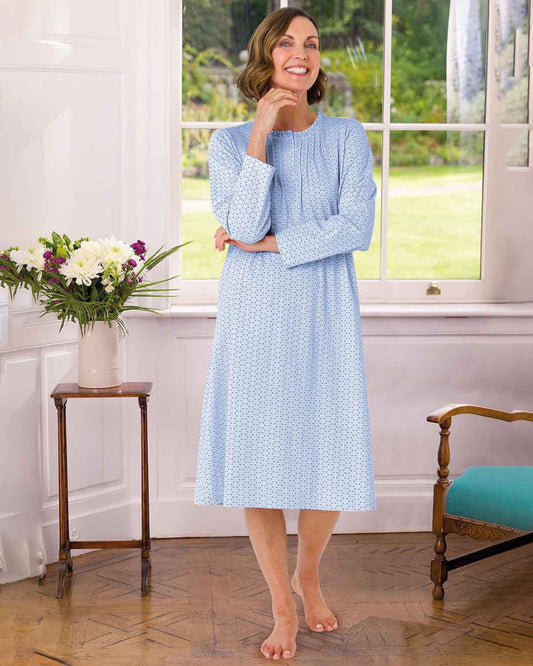 Quinn Floral Long Sleeve Cotton Nightdress - Blue - Country Collection