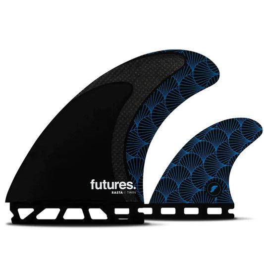Futures Rasta Twin +1 surfboard fins, black and blue twin fin set