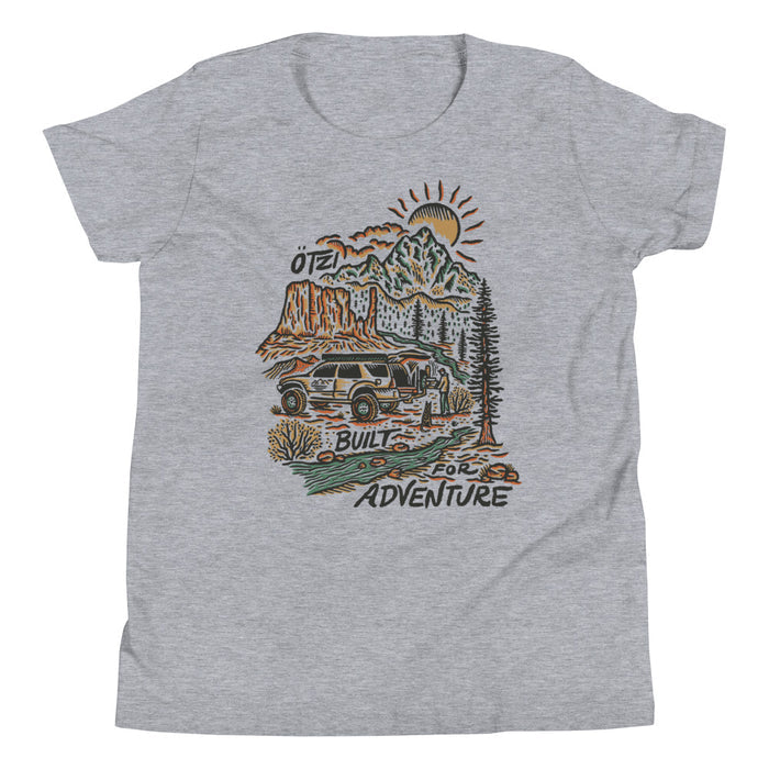 Gray t-shirt with a colorful graphic of a mountain, SUV, and text that reads 'Built for Adventure'