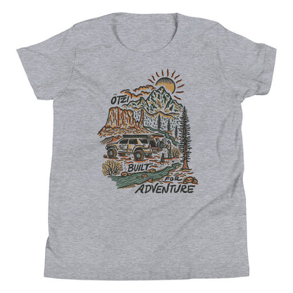 Gray t-shirt with a colorful graphic of a mountain, SUV, and text that reads 'Built for Adventure'