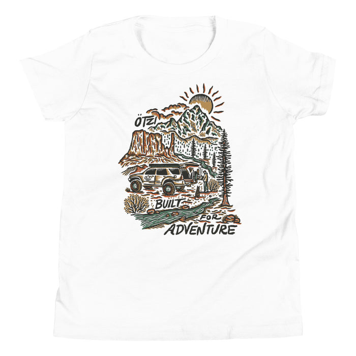 White youth t-shirt with illustrated off-road SUV, mountains, and text 'Built for Adventure'