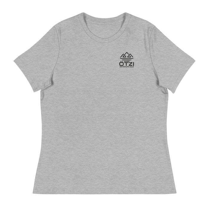 Gray women's crew neck t-shirt with small black graphic on the chest